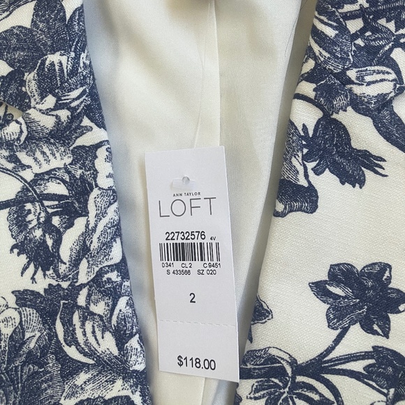 Ann Taylor Loft Blazer: Cream with/ Denim Blue Floral Print. NWT - Size 2 - Picture 12 of 12